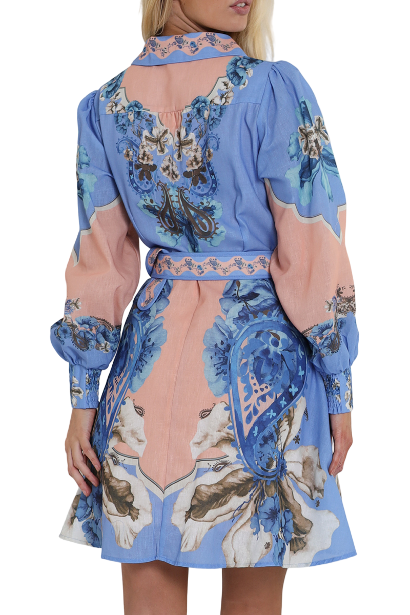 Willow Pink & Blue V-Neck Short Dress with Belt – Soft Hues, Flattering Fit
