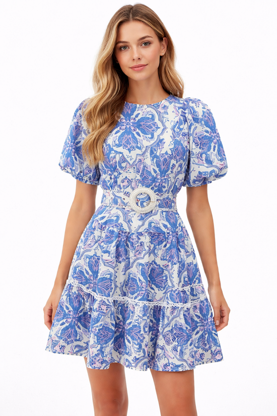 Roccella Multicolour Print Short Dress – Statement Balloon Sleeves & Waist-Defining Belt