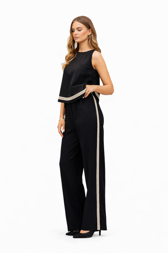 Tanya Black Top – Classic Elegance with Ivory Trim