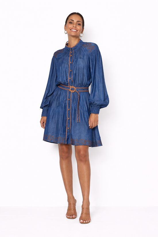 Denim Long Sleeve Shirt Dress – Classic Style with Waist-Defining Belt, Above the Knee