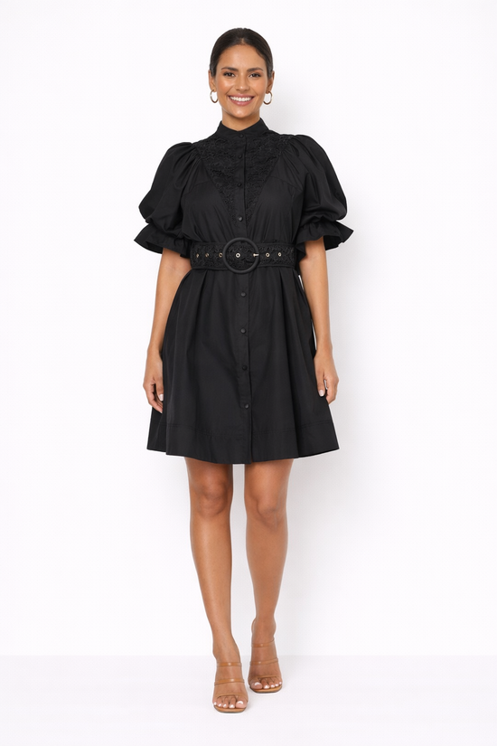 Florence Black Dress – Elegant 3/4 Sleeves & Waist-Defining Belt