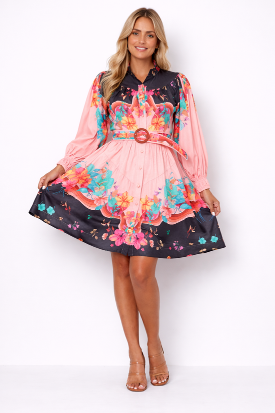 Flamingo Multicolour Long Sleeve Dress – Playful Puffed Sleeves & Waist-Defining Belt