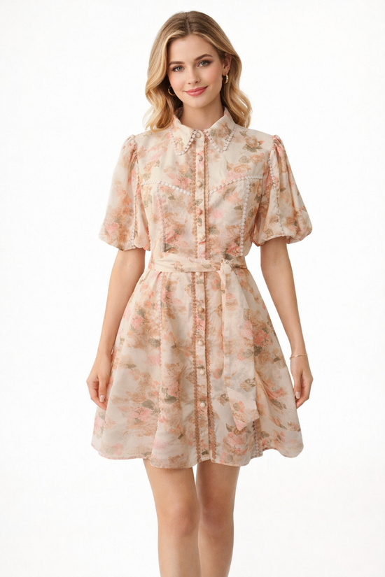 Venice Multicolour Floral Print Dress – Puffed Sleeves & Matching Belt for a Flattering Finish