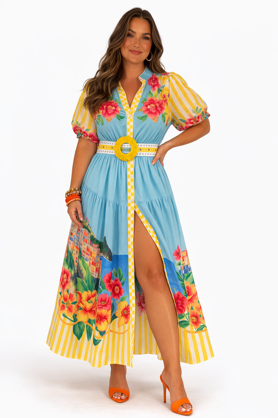 Positano Maxi — Hand-Drawn Print with Lemon Rattan Detail