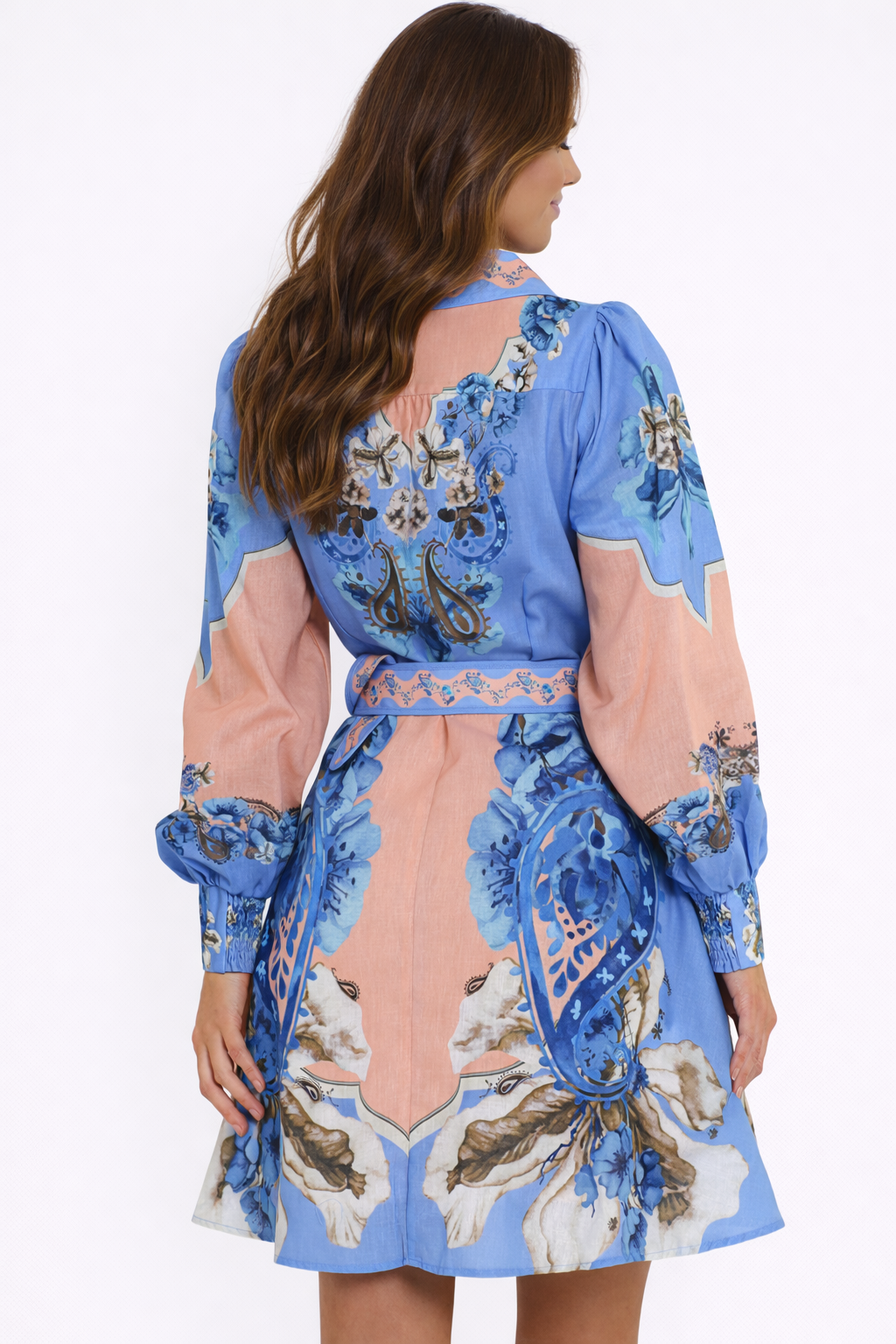 Willow Pink & Blue V-Neck Short Dress with Belt – Soft Hues, Flattering Fit