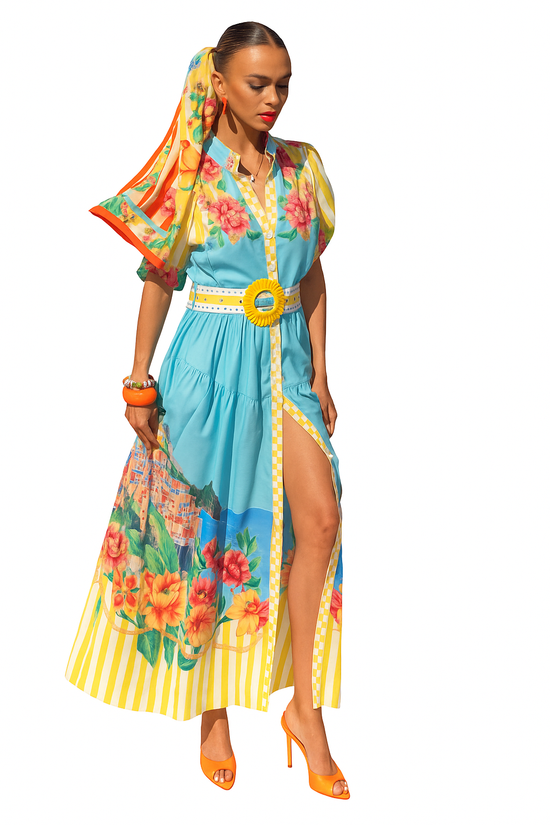 Positano Maxi — Hand-Drawn Print with Lemon Rattan Detail