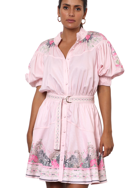 Pink Candy Floral Belted Dress – Knee Length Elegance