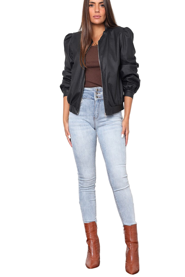 Black Bomber Jacket – Edgy Style with Balloon Sleeves – Luxury