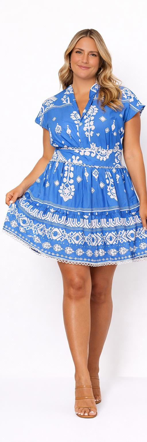 Ocean Blue Print Dress – Elegant V-Neck with Cap Sleeves & Matching Belt